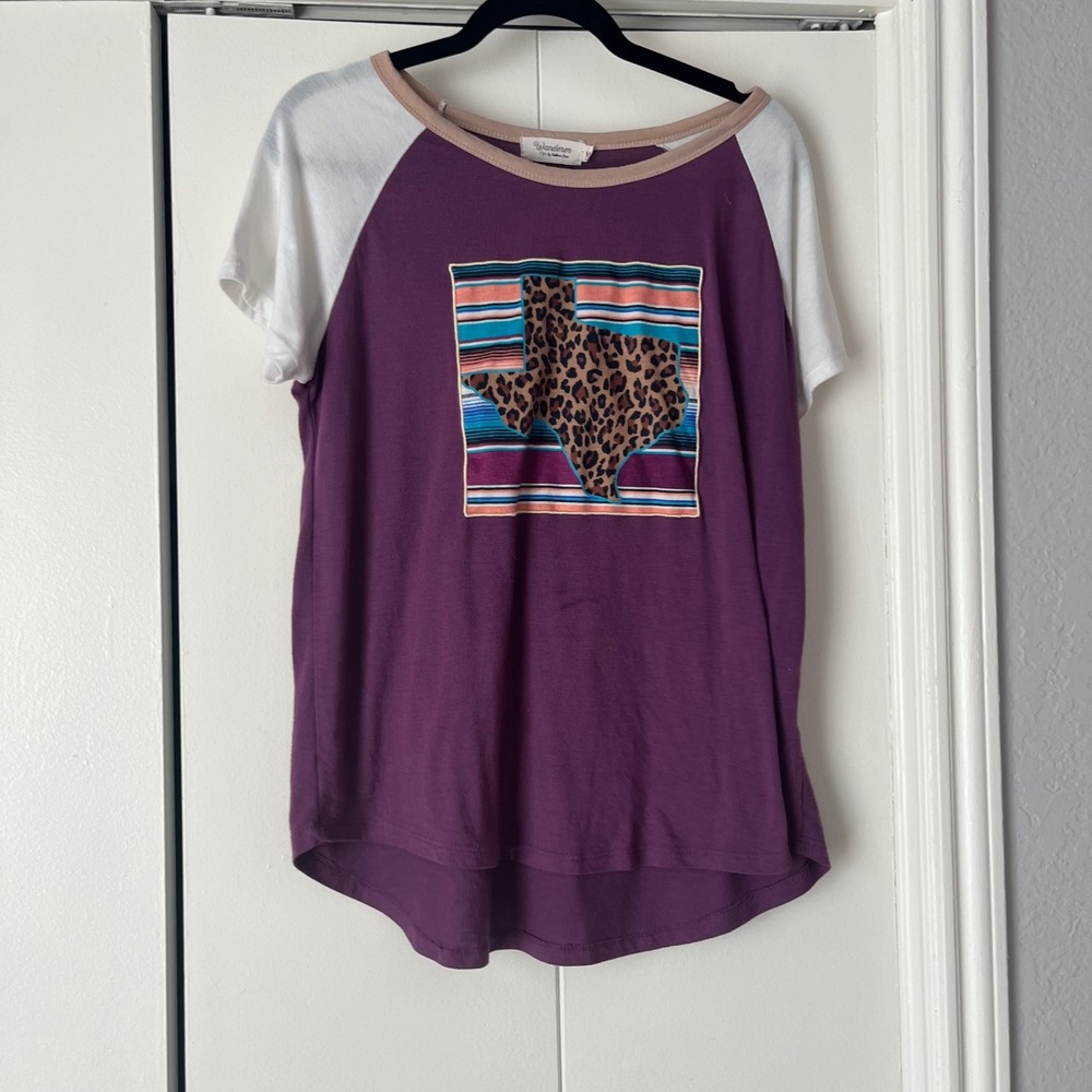 Wanderer Texas Graphic Tee Leopard Print Serape Raglan‎ Top Purple Size M